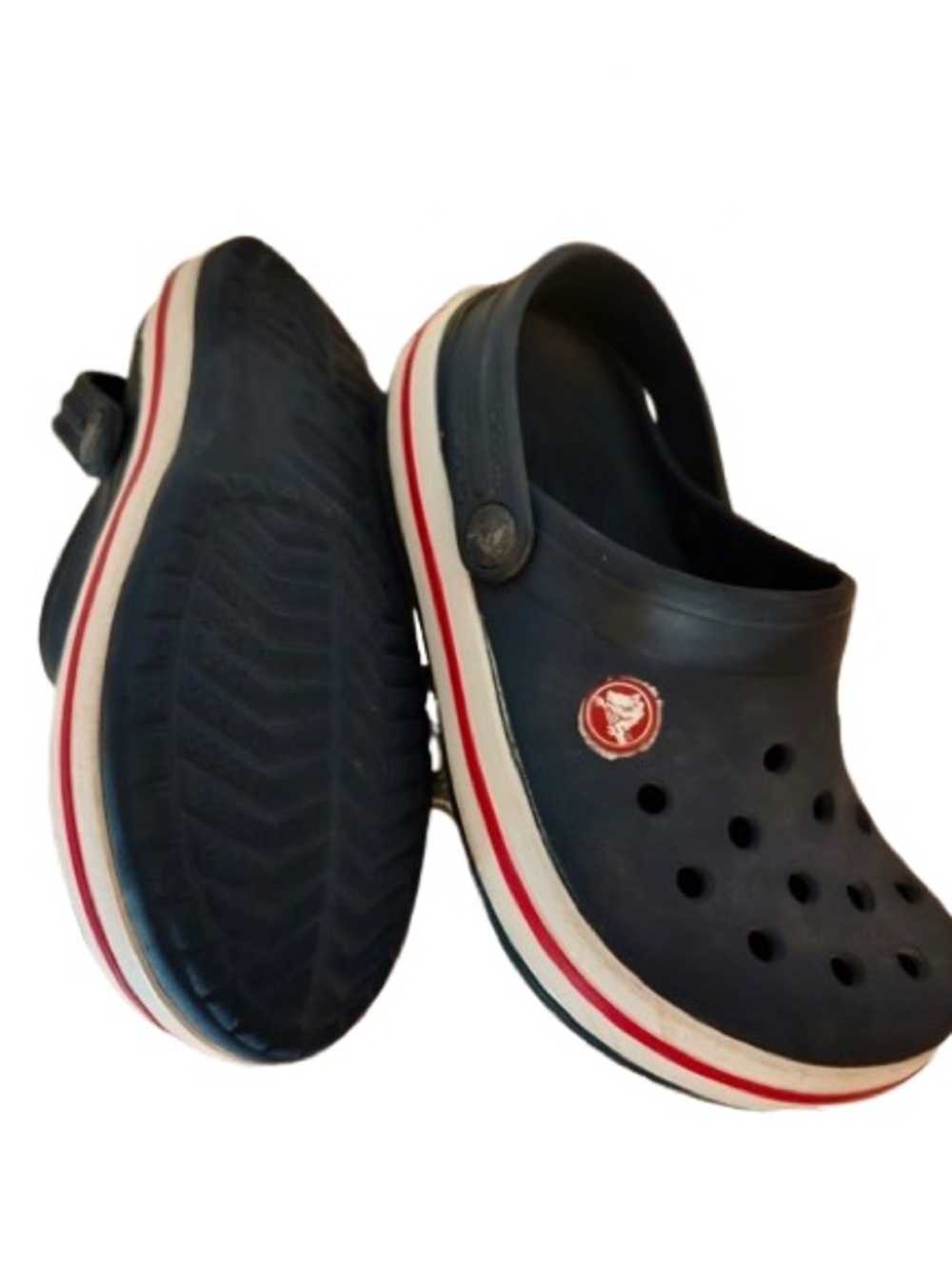 CROCS j2 Kids Navy Clogs with Red and White Trim